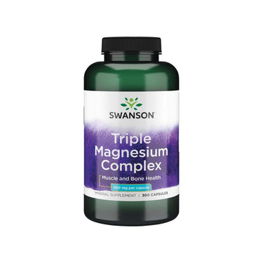 A bottle of Swanson's Triple Magnesium Complex 400 mg, known for enzyme reactions, bone, and muscle support, includes 300 capsules.